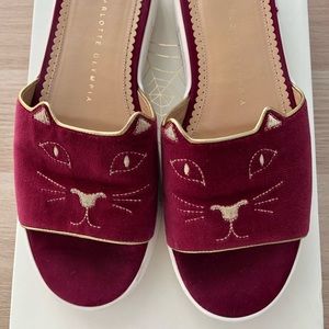 Charlotte Olympia Velvet Kitty Pool Sliders